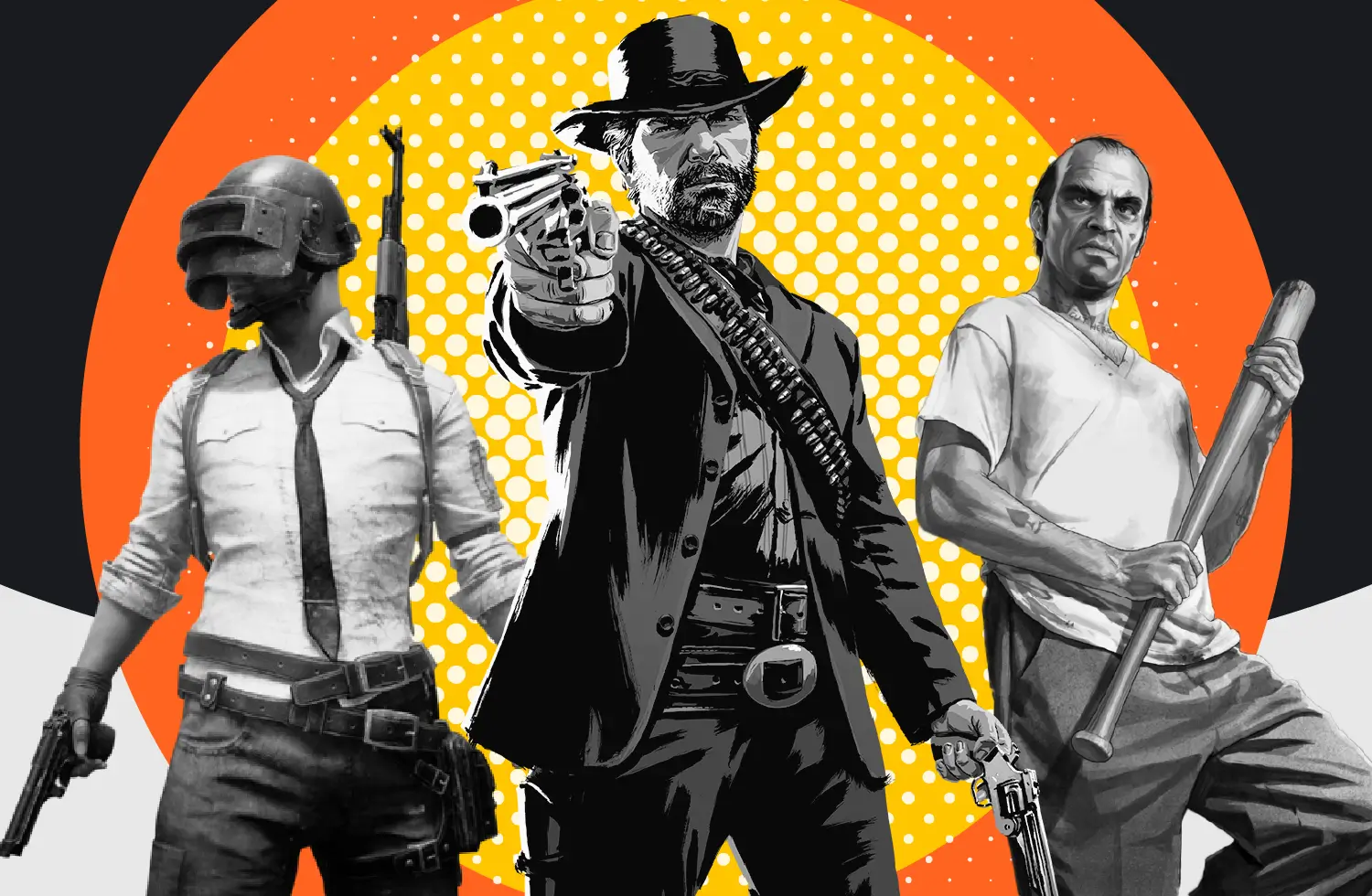 Collage of characters from some of the most popular video games, including Arthur Morgan from Red Dead Redemption 2, the default characters for PubG, and Trevor from GTA V