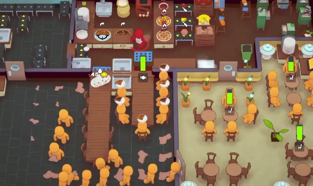Overhead view of a restaurant in the game PlateUp!