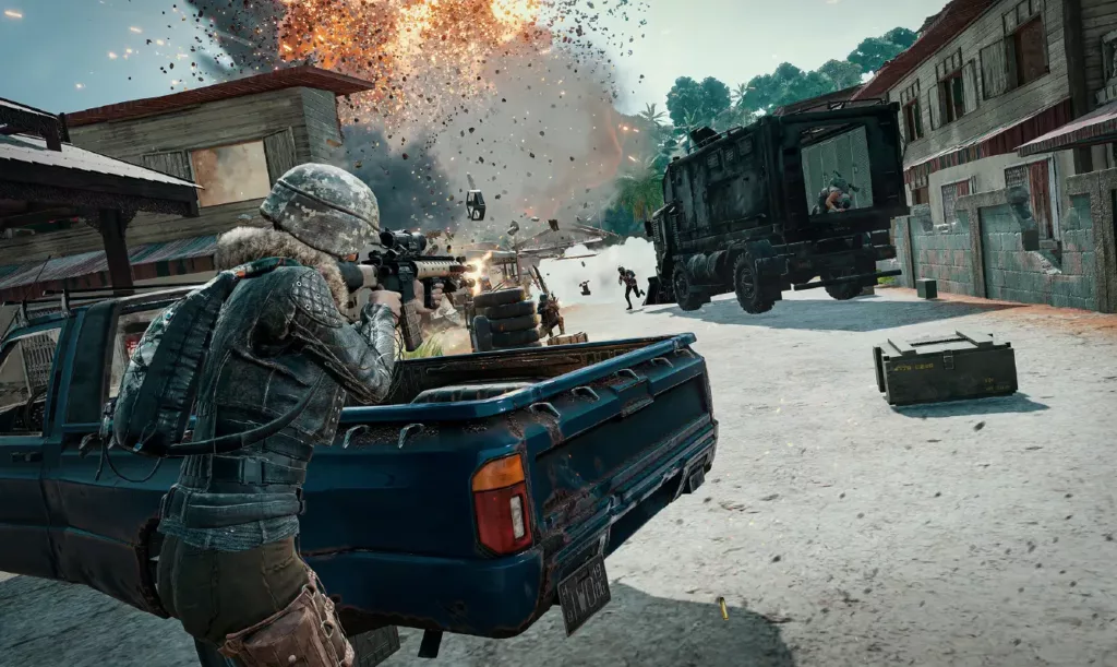 Soldier shooting from behind a truck in PlayerUnknown’s Battlegrounds.