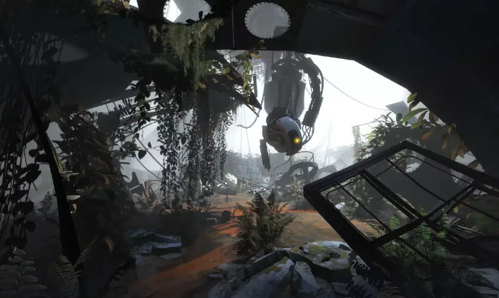 Wheatley from Portal 2 hanging upside down in a testing chamber.