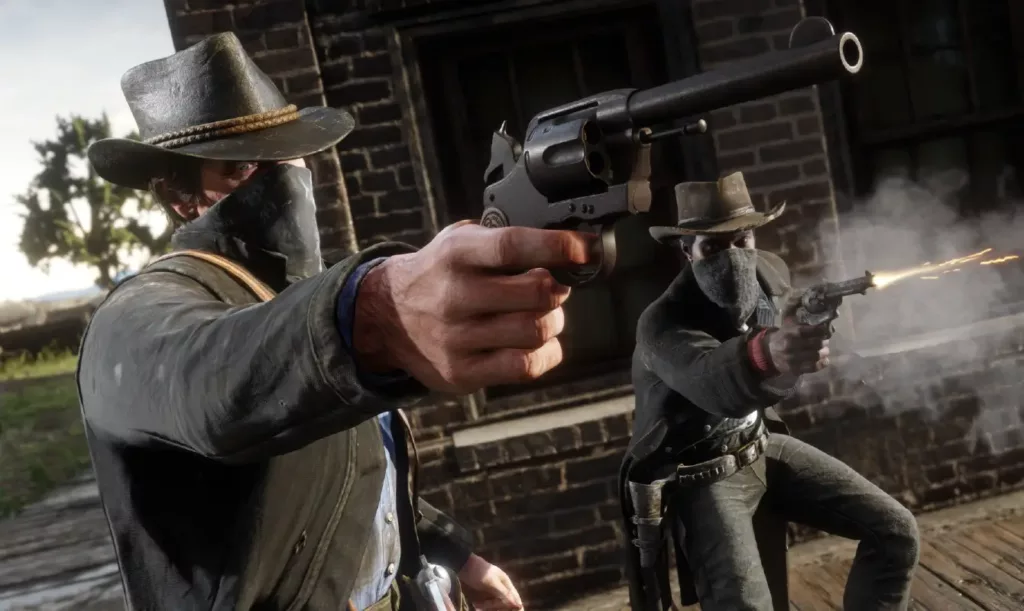 Screenshot of Arthur Morgan and Lenny in a shootout in Red Dead Redemption 2.