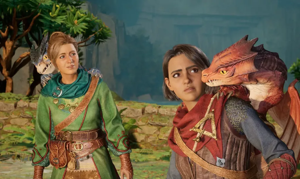 Mio and Zoe from Split Fiction with dragons on their shoulders.