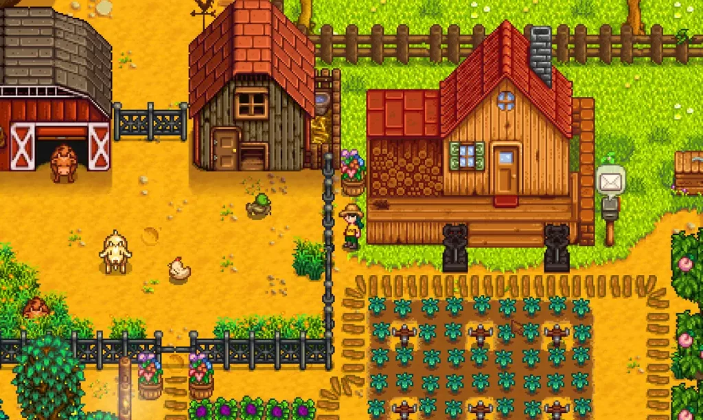 A player on their farm in Stardew Valley.