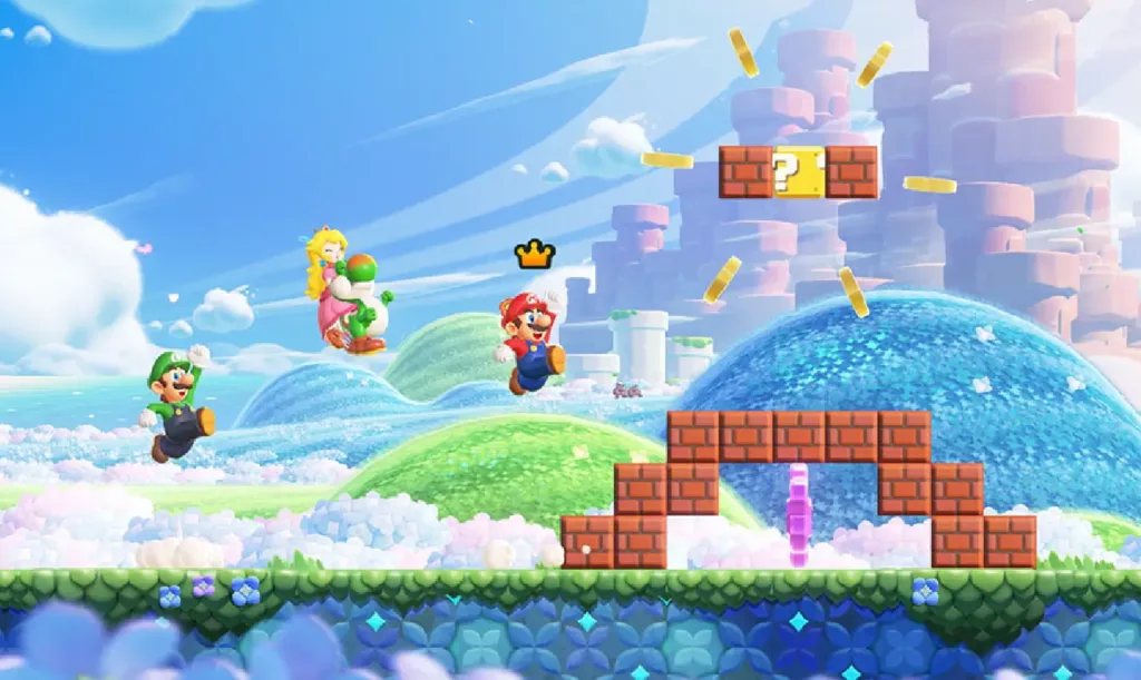 Mario, Luigi, and Princess Peach playing a level in Super Mario Wonder.