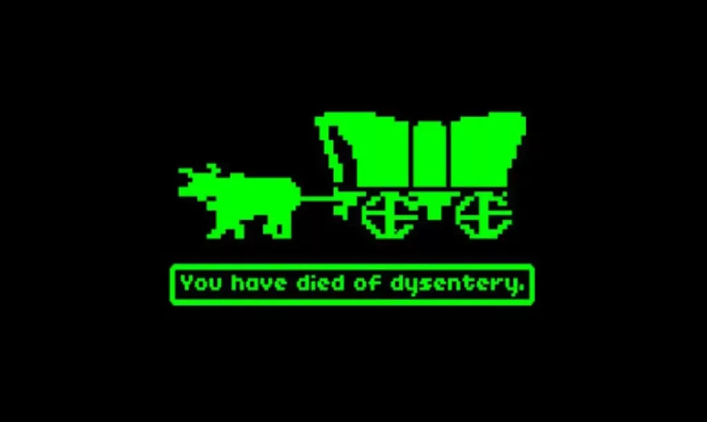 Screenshot of “You have died of dysentery.” in The Oregon Trail game.