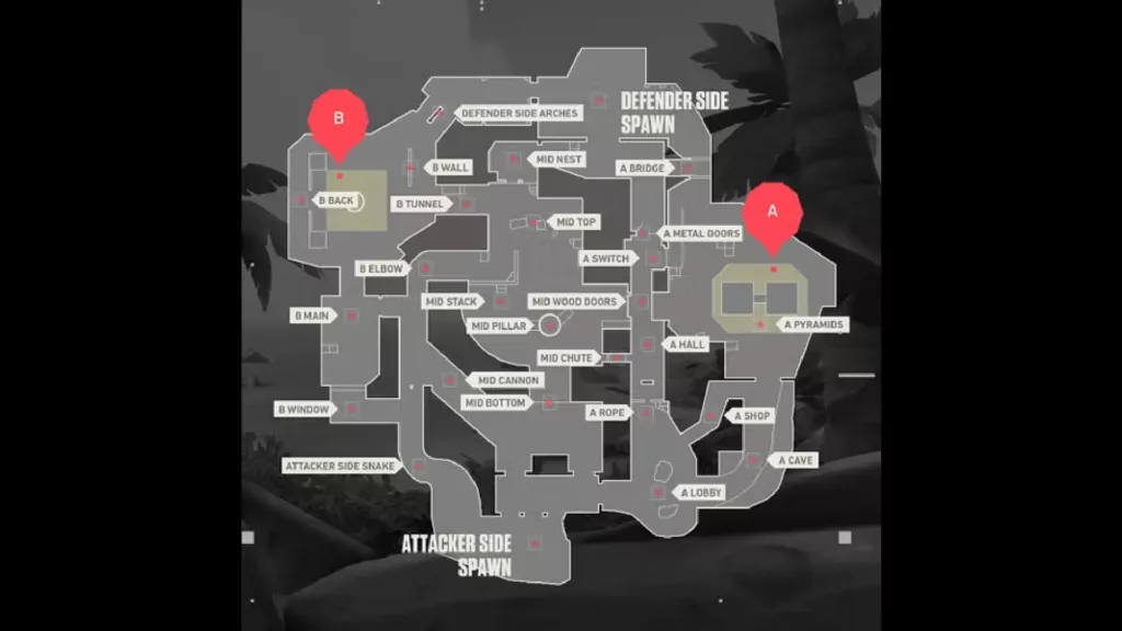 Overhead view of of Valorant map Breeze.
