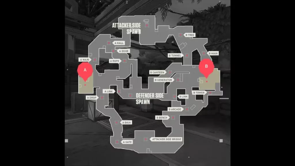 Overhead view of of Valorant map Fracture.