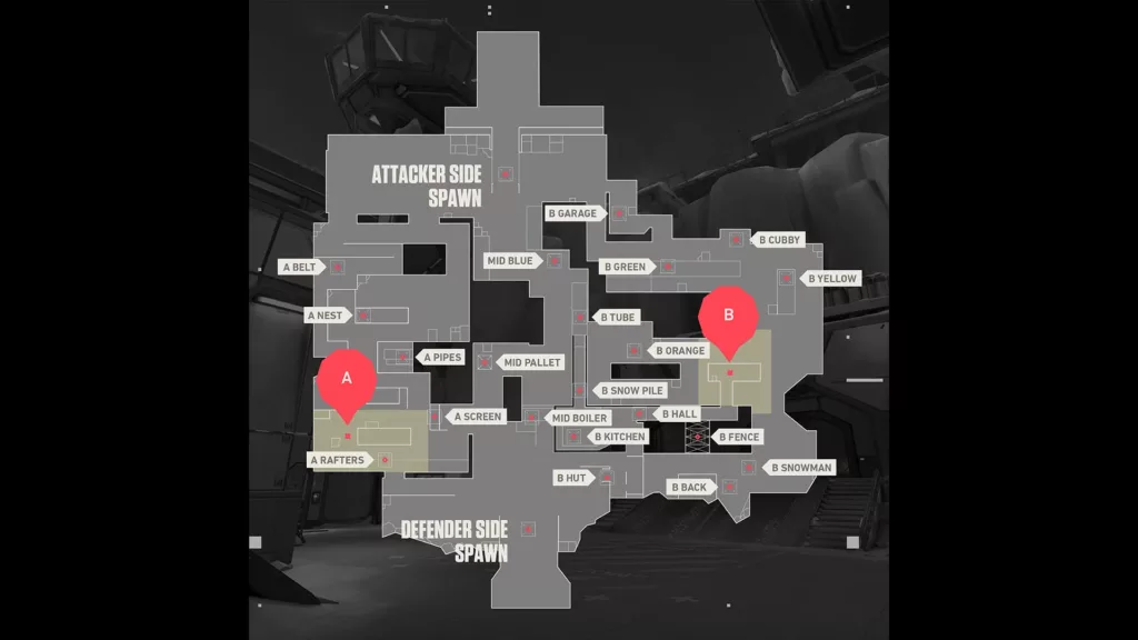 Overhead view of of Valorant map Icebox.