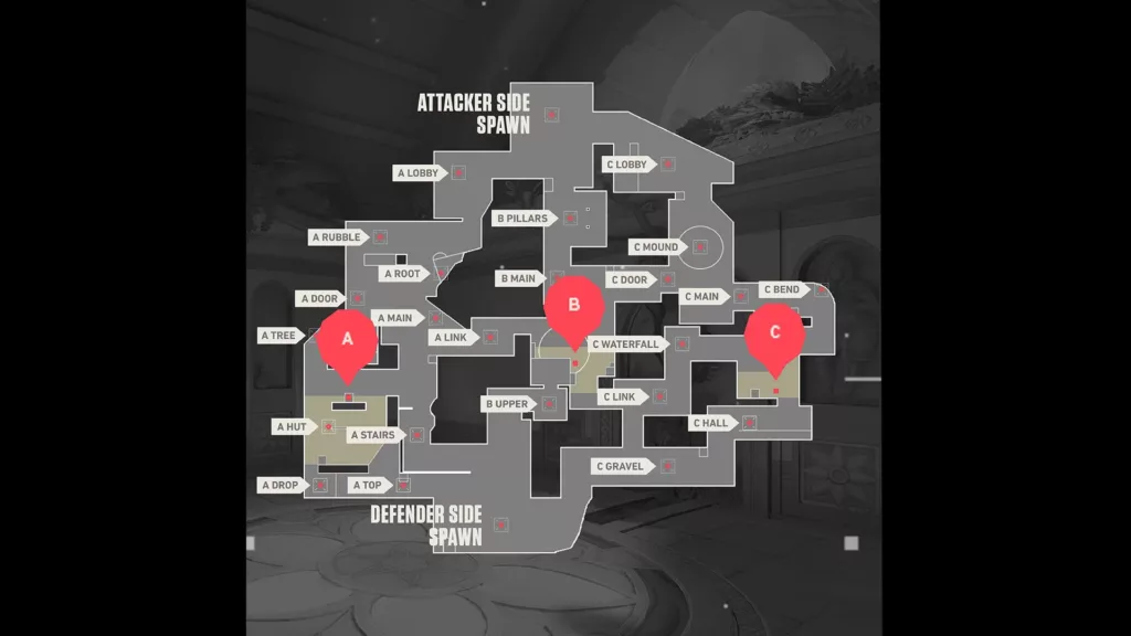 Overhead view of of Valorant map Lotus.