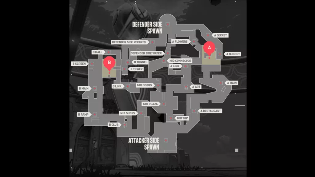 Overhead view of of Valorant map Pearl.