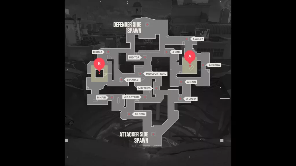 Overhead view of of Valorant map Sunset.