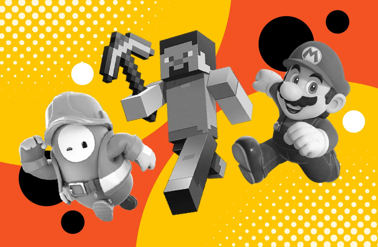 Collage of characters from the best video games for couples, including Mario, Fall Guys, and Minecraft.