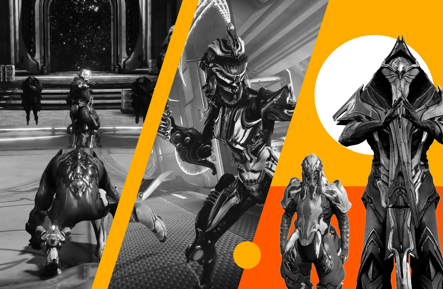 Collage of top characters from a Warframe tier list.