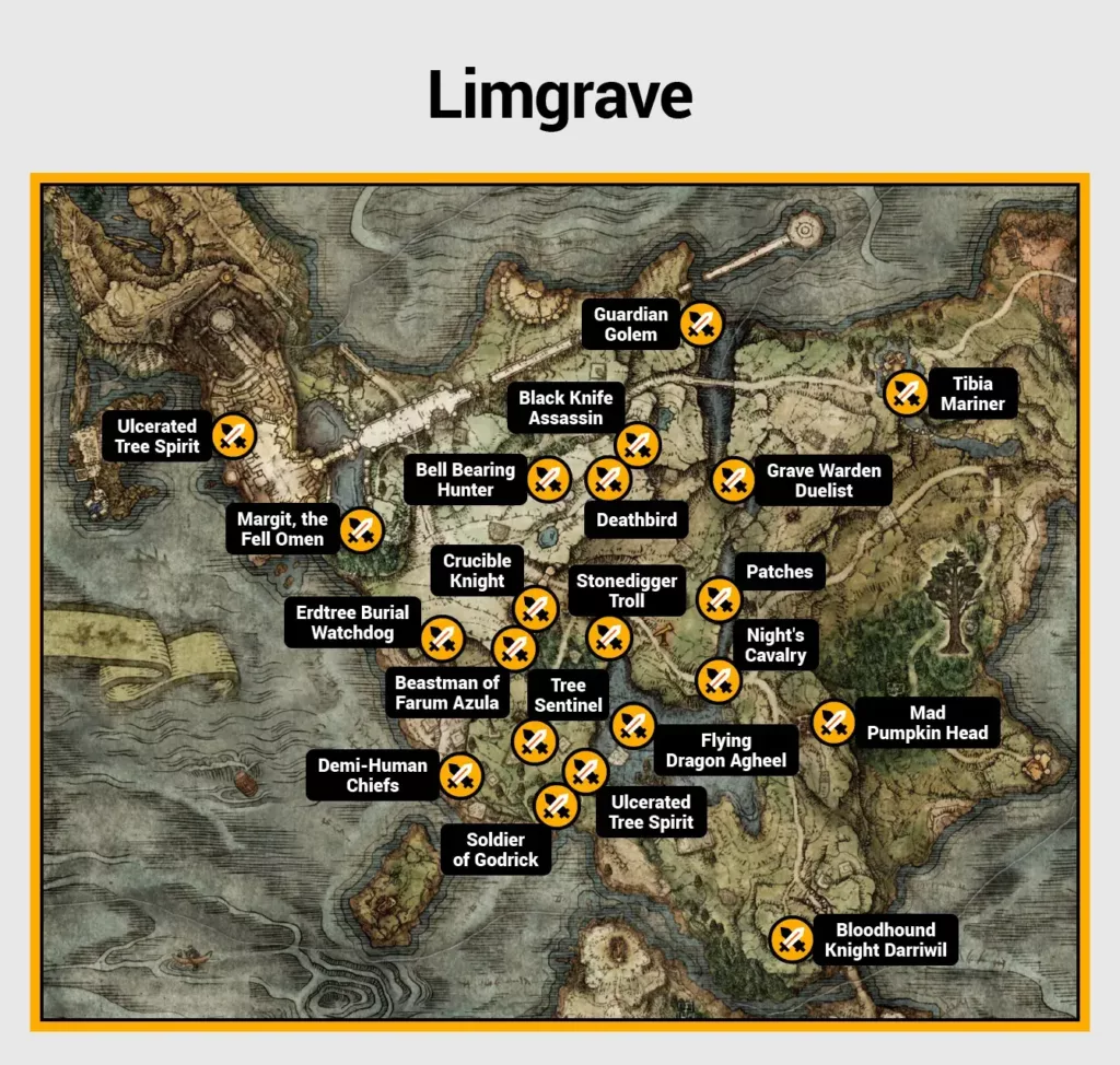 Map of Limgrave boss locations in Elden Ring.