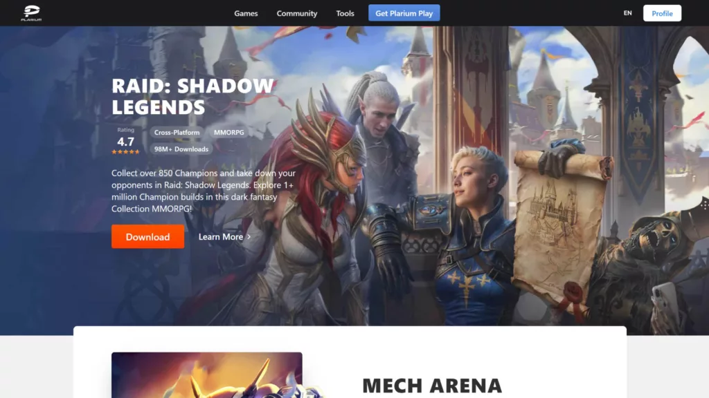 Plarium website homepage with fantasy characters and a download button are shown.