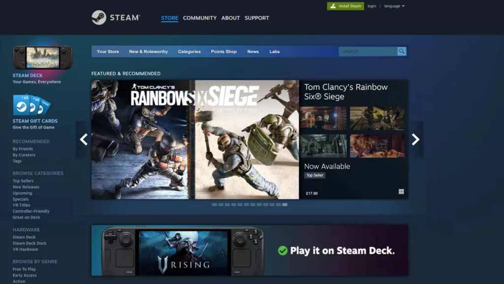 Steam storefront homepage. Featured games like Rainbow Six Siege and Rising are displayed.