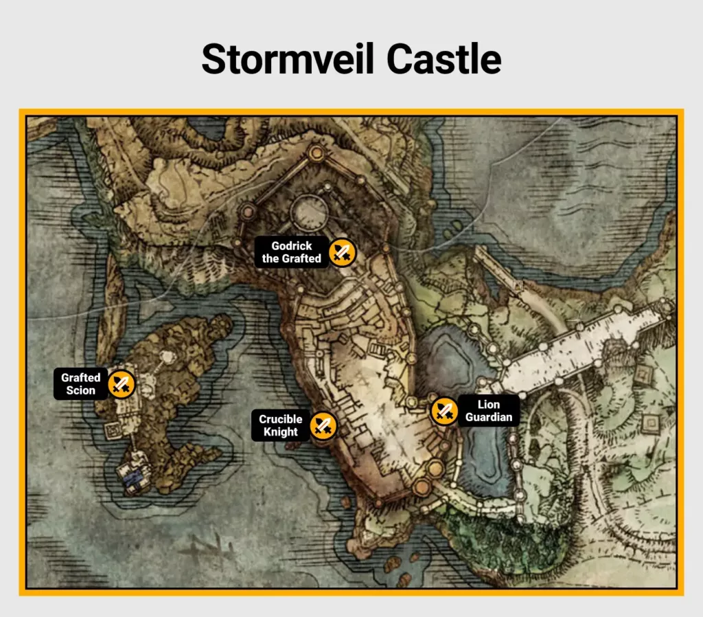 Map of Stormveil Castle boss locations in Elden Ring.