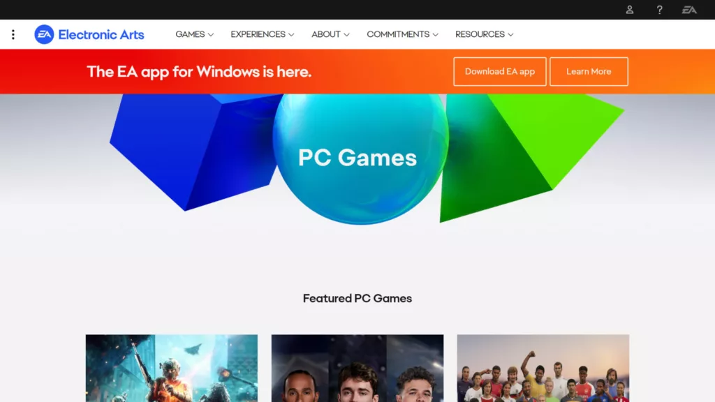 EA's website homepage displays its new Windows app.