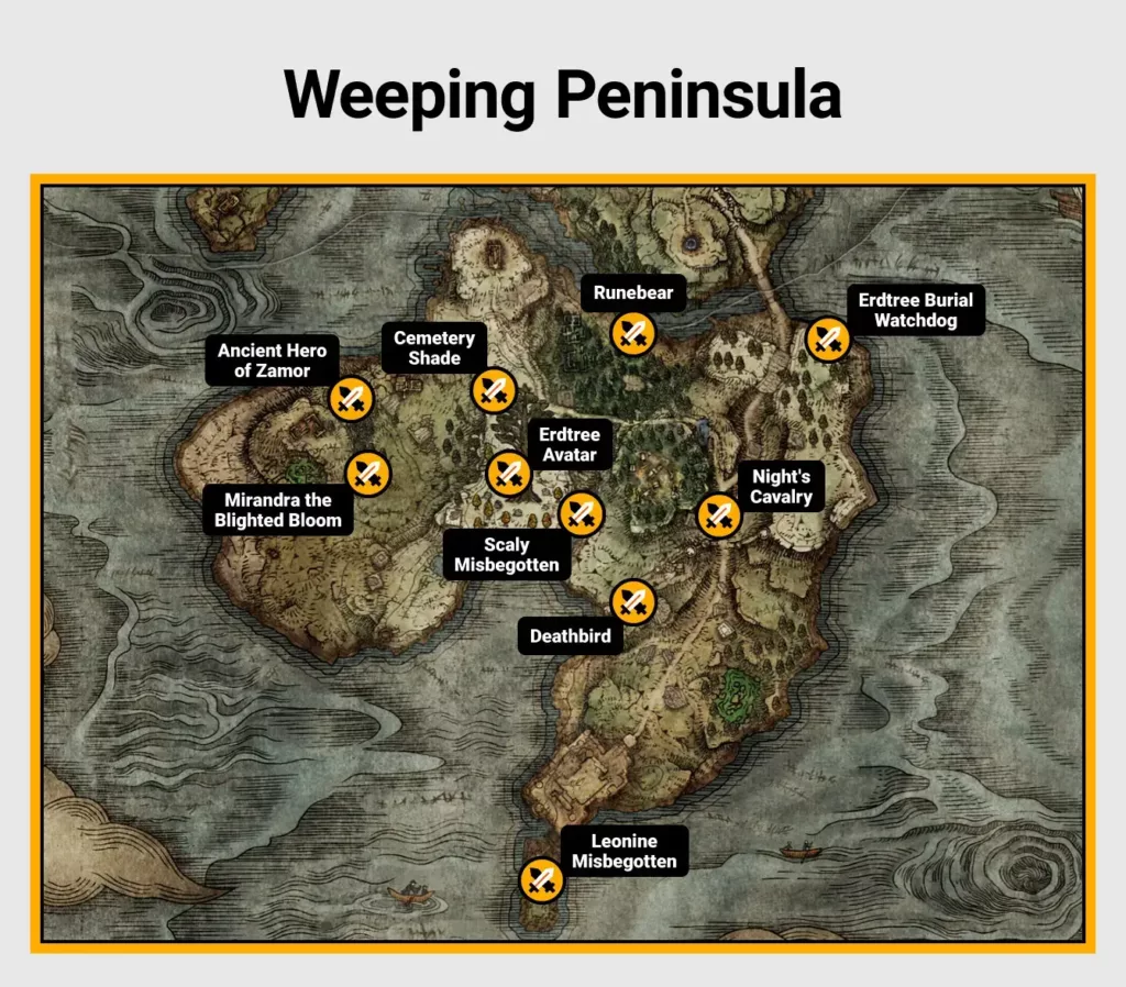 Map of Weeping Peninsula boss locations in Elden Ring.