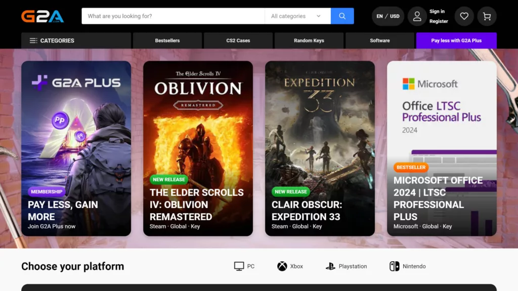 G2A's website homepage showcases new releases like The Elder Scrolls IV: Oblivion Remastered and Clair Obscur: Expedition 33.