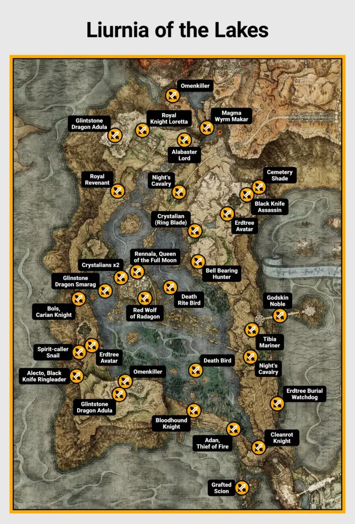 Map of Liurnia of the Lakes boss locations in Elden Ring.