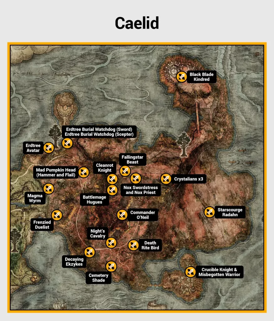 Map of Caelid boss locations in Elden Ring.