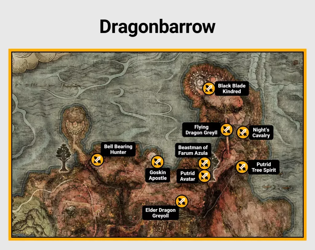 Map of Dragonbarrow boss locations in Elden Ring.