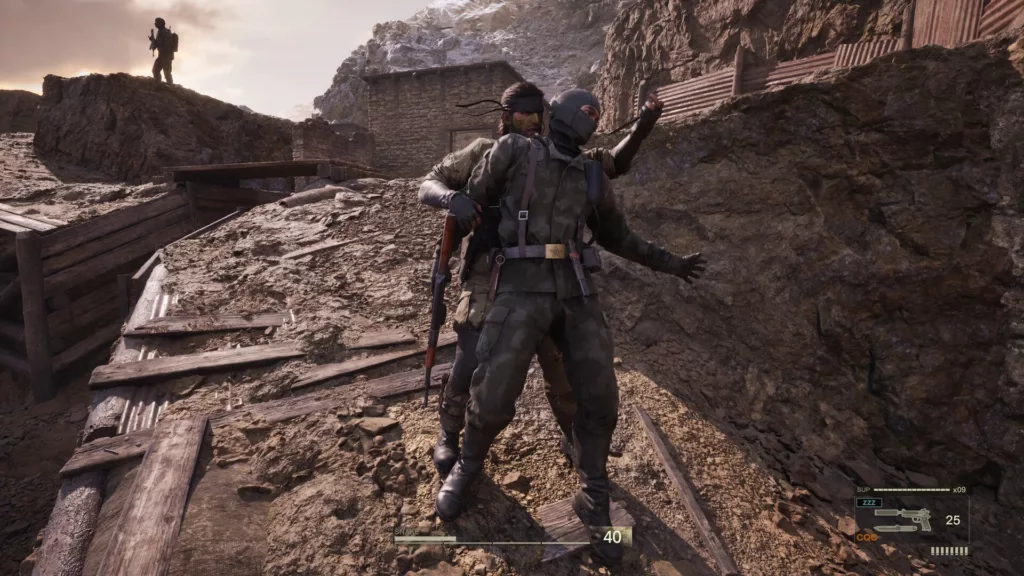 Screenshot of Metal Gear Solid Delta: Snake Eater showcasing its gameplay, art style, and atmosphere