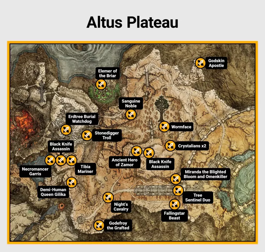 Map of Altus Plateau boss locations in Elden Ring.
