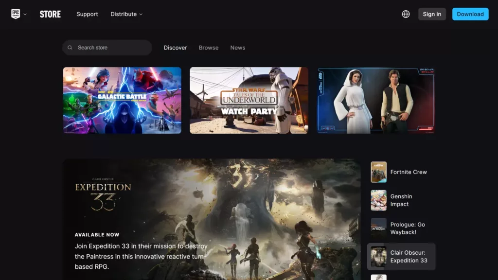 Epic Games Store's website showcases games like Galactic Battle and Star Wars Underworld Watch Party.