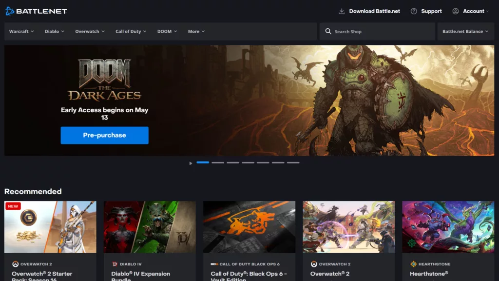 Battle.net's homepage promotes Doom: The Dark Ages and recommends games like Overwatch 2 and Diablo IV.