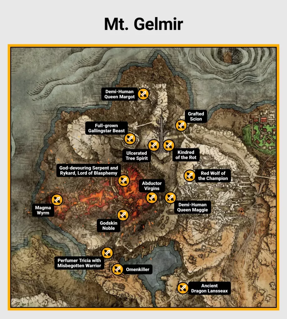 Map of Mt. Gelmir boss locations in Elden Ring.