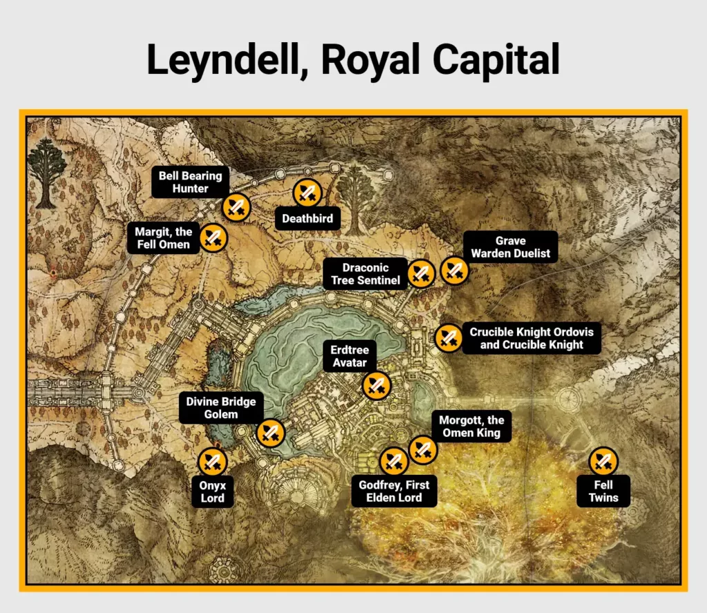 Map of Leyndell, Royal Capital boss locations in Elden Ring.