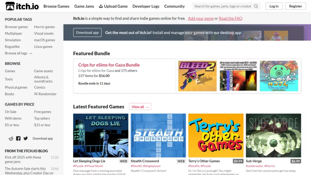 itch.io's homepage features indie game bundles and showcases latest featured games like Let Sleeping Dogs Lie and Stealth Crossword.