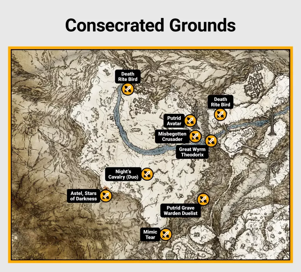 Map of Consecrated Grounds boss locations in Elden Ring.