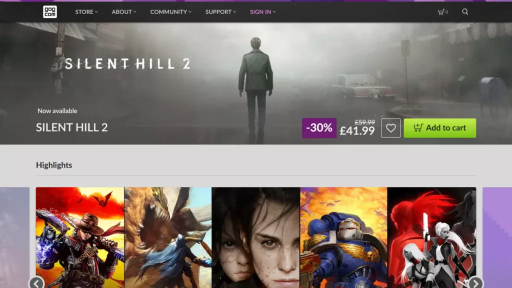 GOG.com's homepage showing the now available Silent Hill 2 with a discount.