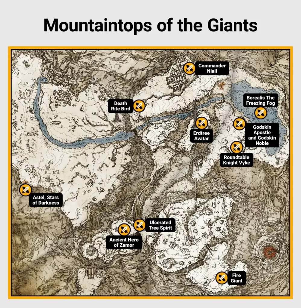 Map of Mountaintops of the Giants boss locations in Elden Ring.
