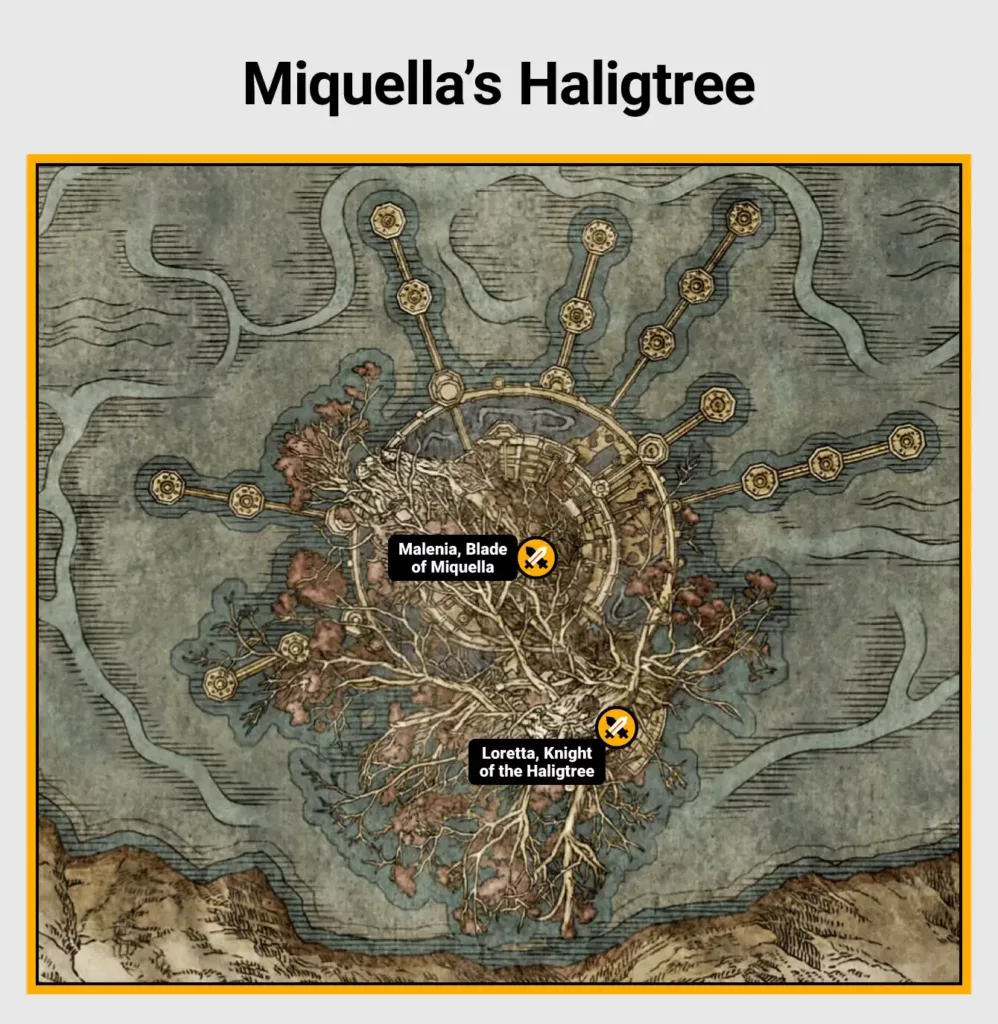 Map of Miquella’s Haligtree boss locations in Elden Ring.