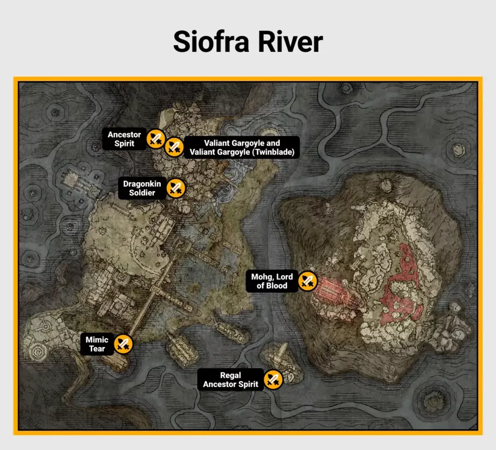 Map of Siofra River boss locations in Elden Ring.