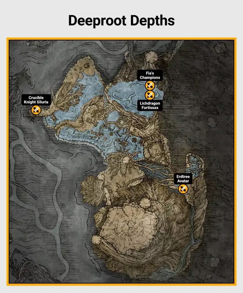 Map of Deeproot Depths boss locations in Elden Ring.