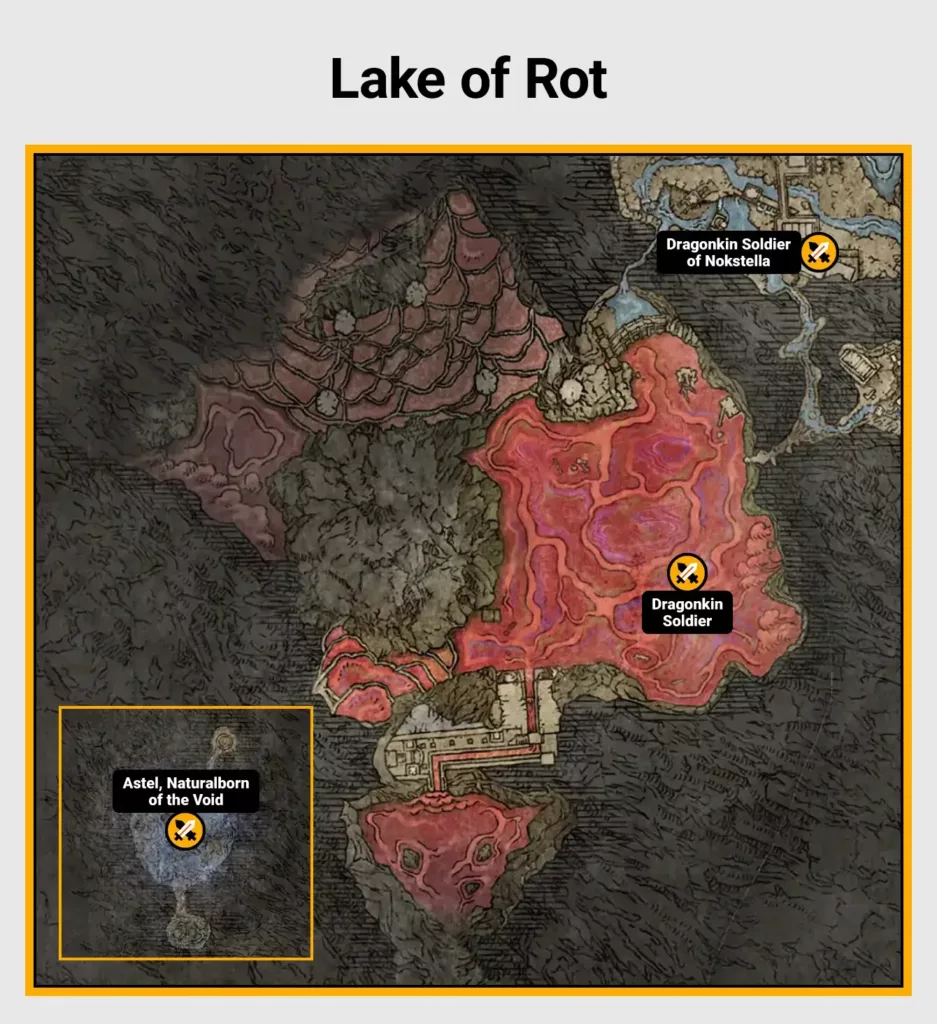 Map of Lake of Rot boss locations in Elden Ring.