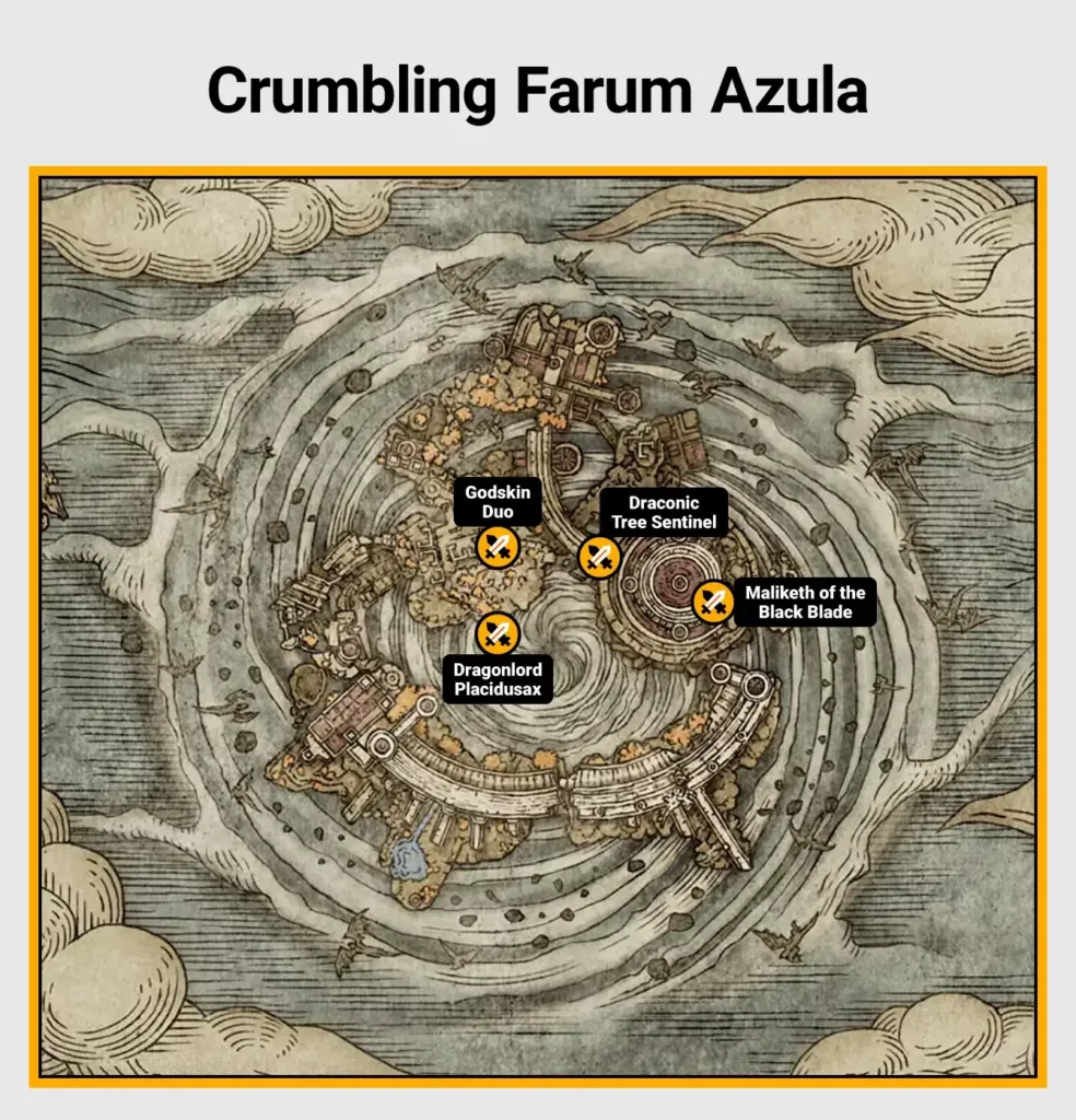 Map of Crumbling Farum Azula boss locations in Elden Ring.