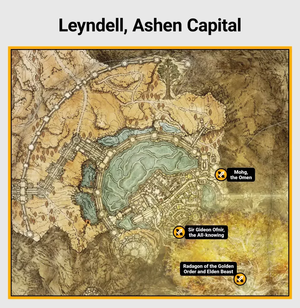 Map of Leyndell, Ashen Capital boss locations in Elden Ring.