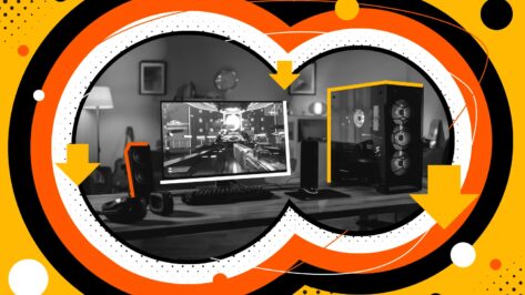 A gaming setup with a monitor, keyboard, speakers, headphones, encircled by stylized arrows and circular patterns in orange, black, white, and yellow.
