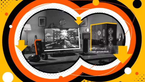 A gaming setup with a monitor, keyboard, speakers, headphones, encircled by stylized arrows and circular patterns in orange, black, white, and yellow.