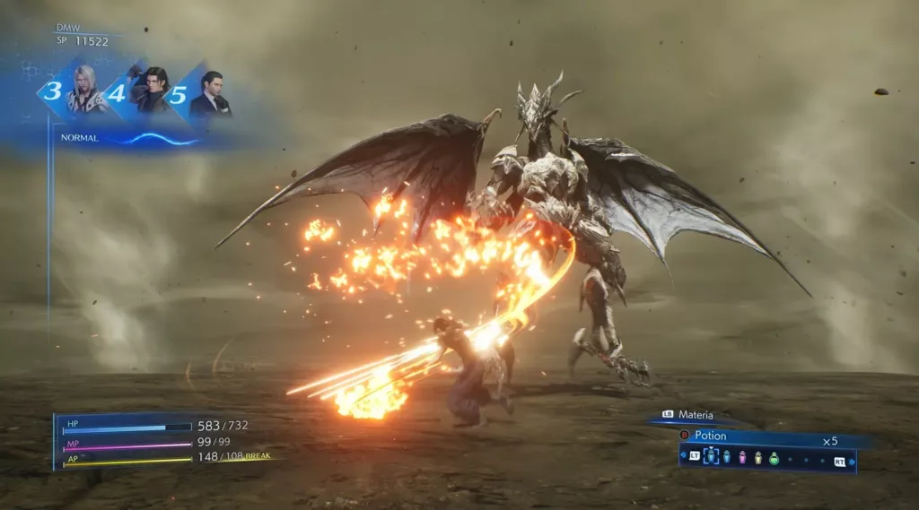 Sephiroth fighting a dragon in Crisis Core: Final Fantasy VII Reunion.