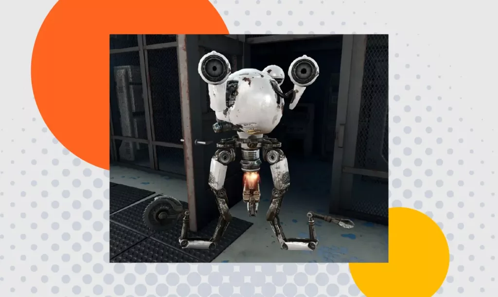 Screenshot from Fallout 4 depicting Curie, one of the recruitable companions.