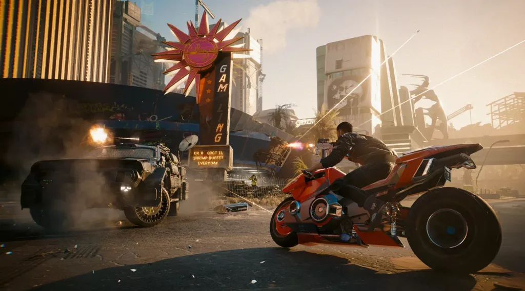 Screenshot of a player riding a motorcycle and shooting at a car in Cyberpunk 2077: Ultimate Edition.