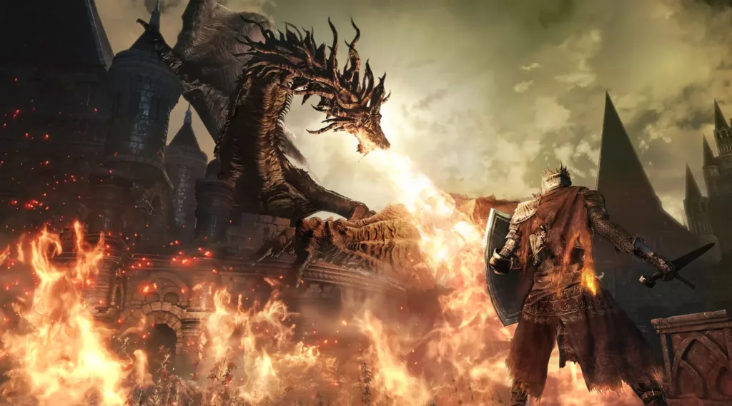Screenshot of a knight looking at a dragon breathing fire in Dark Souls III.