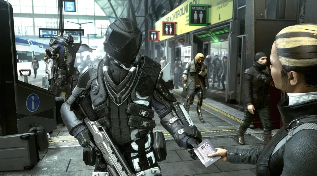 Woman handing a soldier an ID card in Deus Ex: Mankind Divided.